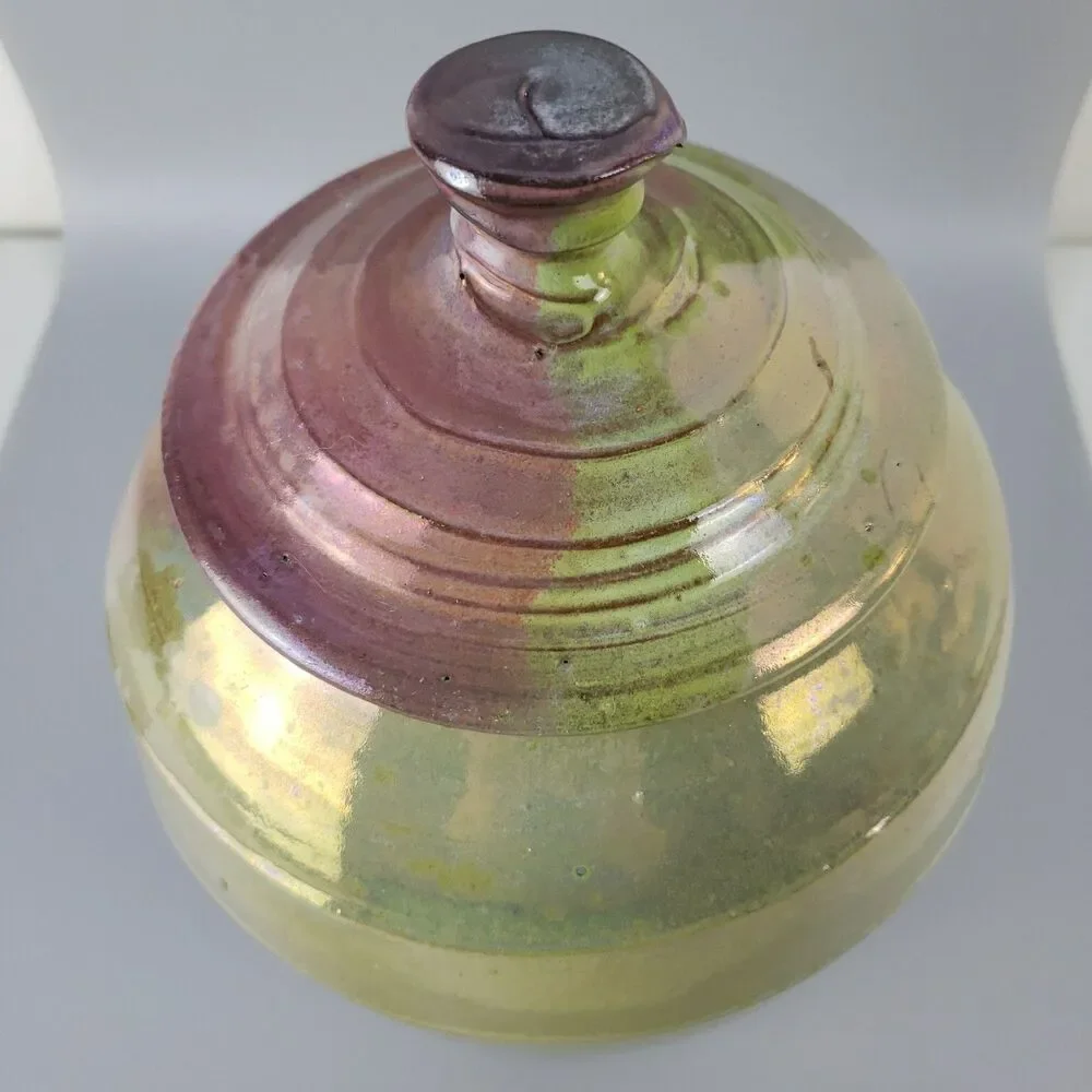 Studio Art Pottery Ginger Jar Lidded Iridescent Glaze Canister Swirl Signed 1991